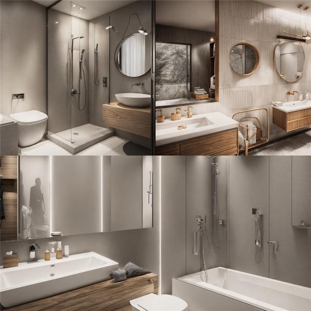 full bath with a sink, backsplash, and double vanity