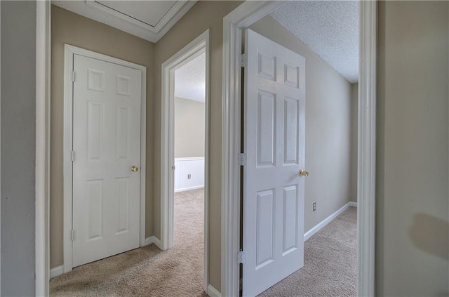 hallway featuring light carpet and a textured ceiling