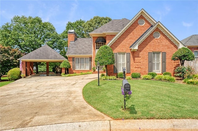 view of front of house featuring brick siding, driveway, a chimney, and a front lawn