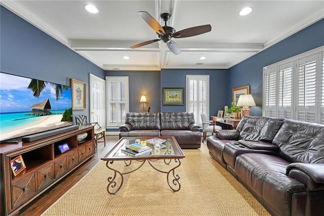 living room featuring beam ceiling, crown molding, wood finished floors, and coffered ceiling