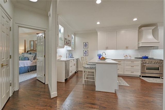 kitchen featuring custom range hood, dark wood finished floors, stainless steel appliances, white cabinets, and light countertops