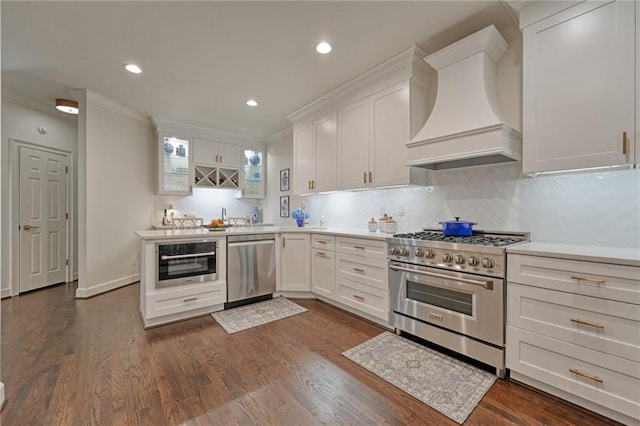 kitchen with premium range hood, appliances with stainless steel finishes, light countertops, and white cabinetry