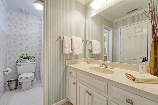 bathroom with wallpapered walls, tile patterned floors, toilet, and ornamental molding