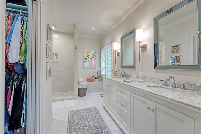 bathroom featuring a marble finish shower, double vanity, a sink, crown molding, and marble finish floor