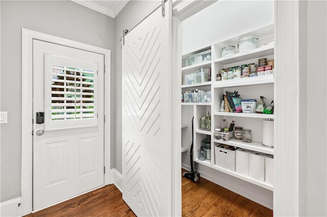7025 Windsor Hill Psge, Suwanee, GA 30024 - doorway featuring crown molding and dark wood-type flooring