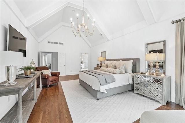 7025 Windsor Hill Psge, Suwanee, GA 30024 - bedroom featuring a chandelier, high vaulted ceiling, beamed ceiling, and wood finished floors