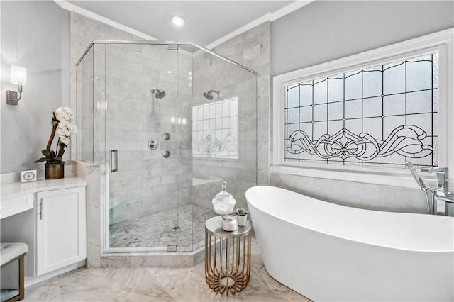 7025 Windsor Hill Psge, Suwanee, GA 30024 - full bathroom featuring crown molding, a freestanding tub, marble look tiles, a shower stall, and recessed lighting