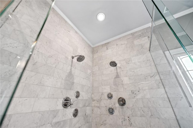 7025 Windsor Hill Psge, Suwanee, GA 30024 - bathroom featuring tiled shower and crown molding
