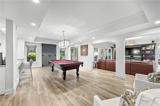 7025 Windsor Hill Psge, Suwanee, GA 30024 - recreation room featuring a tray ceiling, billiards table, light wood finished floors, and recessed lighting
