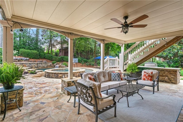 7025 Windsor Hill Psge, Suwanee, GA 30024 - view of patio / terrace featuring stairs, an in-ground hot tub, a ceiling fan, and outdoor lounge area