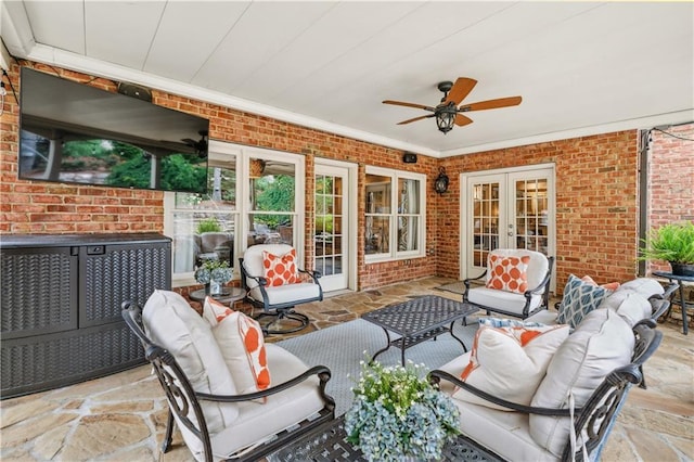 7025 Windsor Hill Psge, Suwanee, GA 30024 - view of patio / terrace with french doors, an outdoor living space, and ceiling fan