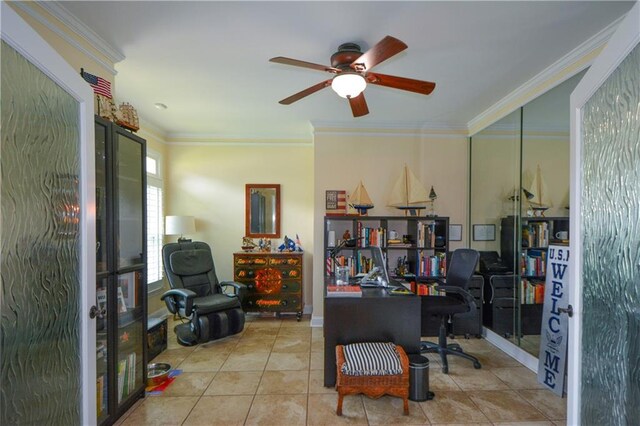 2637 Morningside Trl NW, Kennesaw, GA 30144 - home office featuring ceiling fan, crown molding, tile patterned flooring, and french doors