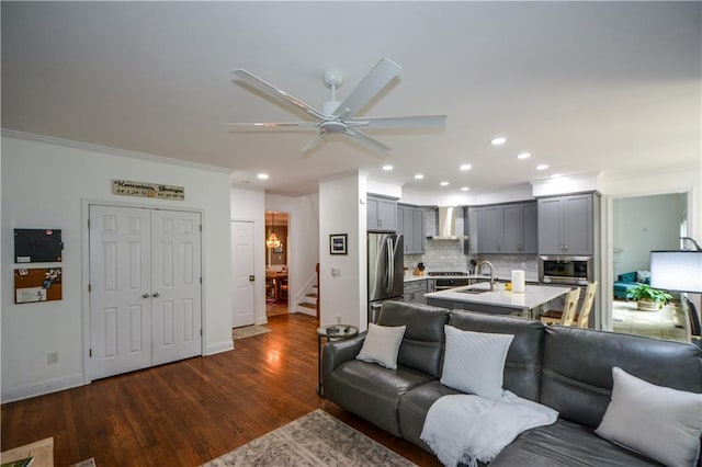 2637 Morningside Trl NW, Kennesaw, GA 30144 - living room with recessed lighting, ceiling fan, dark wood-style flooring, stairs, and baseboards