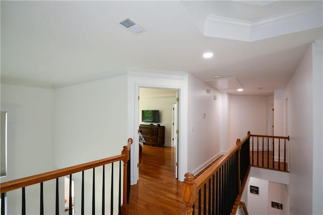2637 Morningside Trl NW, Kennesaw, GA 30144 - hallway featuring an upstairs landing, attic access, wood finished floors, recessed lighting, and ornamental molding