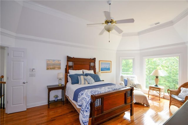 2637 Morningside Trl NW, Kennesaw, GA 30144 - bedroom with wood finished floors, high vaulted ceiling, ceiling fan, baseboards, and ornamental molding