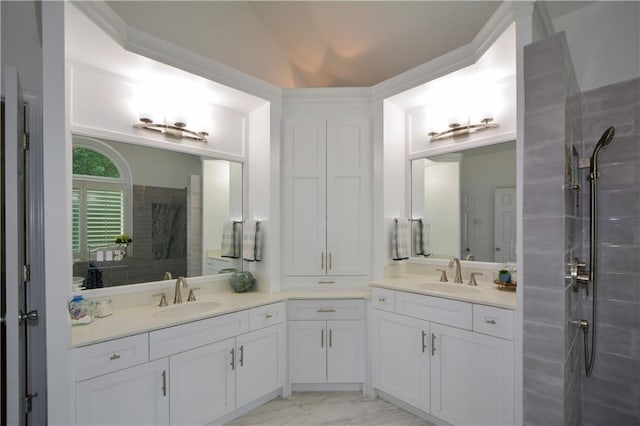 2637 Morningside Trl NW, Kennesaw, GA 30144 - bathroom with double vanity, a tile shower, and marble finish floors