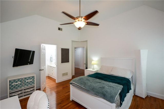 2637 Morningside Trl NW, Kennesaw, GA 30144 - bedroom with high vaulted ceiling, wood finished floors, a ceiling fan, and baseboards