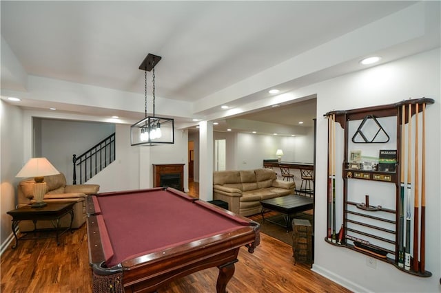 2637 Morningside Trl NW, Kennesaw, GA 30144 - recreation room featuring dark wood-style flooring, pool table, a fireplace, recessed lighting, and baseboards