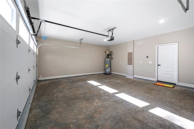 garage with a garage door opener, water heater, and electric panel