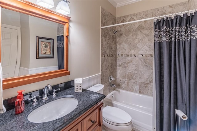 bathroom featuring vanity, shower / bath combination with curtain, and toilet