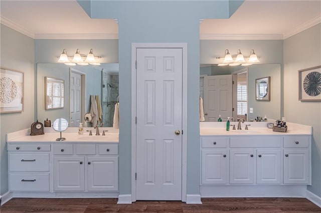 bathroom with a sink, two vanities, and ornamental molding