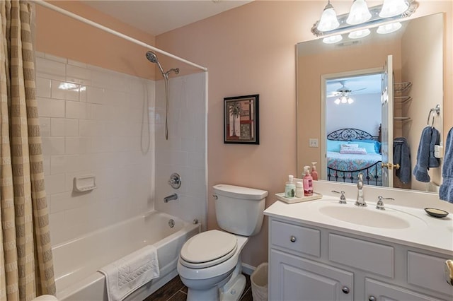 full bathroom featuring ensuite bath, vanity, toilet, and shower / tub combo with curtain