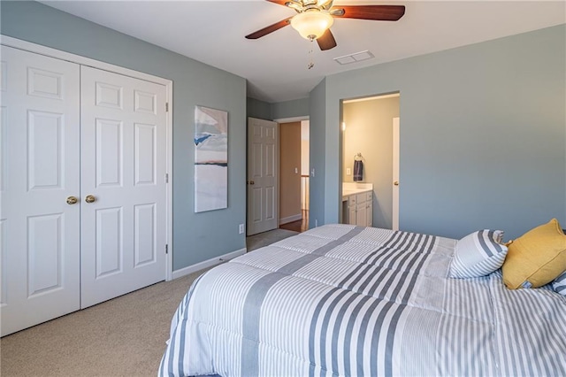 bedroom with a ceiling fan, baseboards, visible vents, carpet floors, and a closet