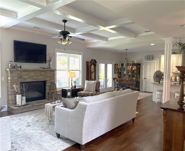 4745 Belcrest Way, Cumming, GA 30040 - living room with coffered ceiling, ceiling fan, beam ceiling, dark wood finished floors, and crown molding