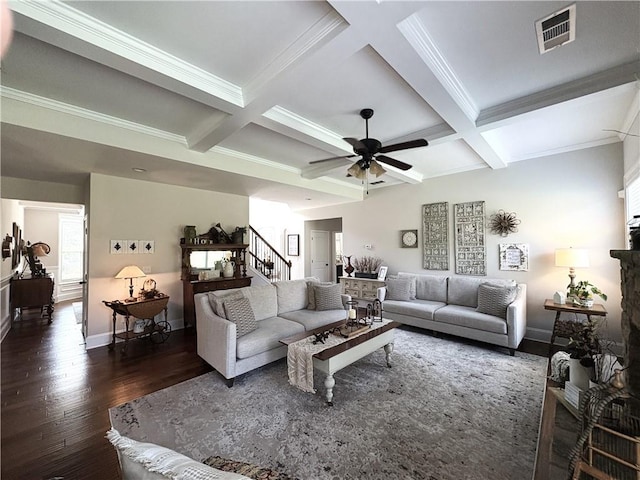 4745 Belcrest Way, Cumming, GA 30040 - living room with stairway, dark wood-style floors, coffered ceiling, beamed ceiling, and ceiling fan