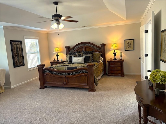 4745 Belcrest Way, Cumming, GA 30040 - bedroom featuring light colored carpet, a tray ceiling, crown molding, and ceiling fan