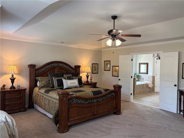 4745 Belcrest Way, Cumming, GA 30040 - bedroom featuring carpet floors, ornamental molding, connected bathroom, and ceiling fan