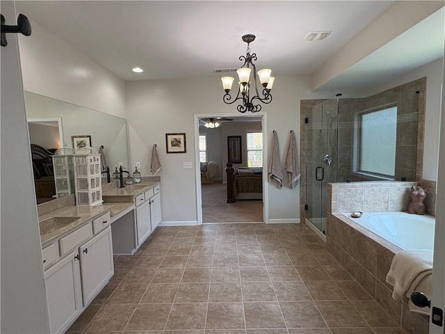 4745 Belcrest Way, Cumming, GA 30040 - bathroom featuring a ceiling fan, ensuite bath, a stall shower, vanity, and a bath
