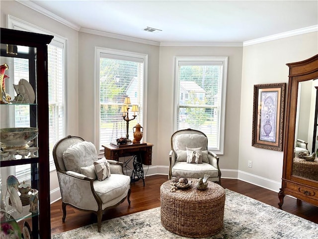 4745 Belcrest Way, Cumming, GA 30040 - sitting room with plenty of natural light, ornamental molding, and dark wood finished floors