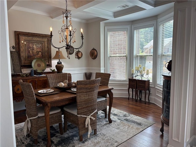 4745 Belcrest Way, Cumming, GA 30040 - dining room with plenty of natural light, wood finished floors, beamed ceiling, ornamental molding, and a chandelier