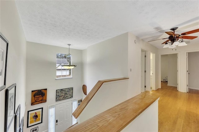 hall with light hardwood / wood-style floors and a textured ceiling