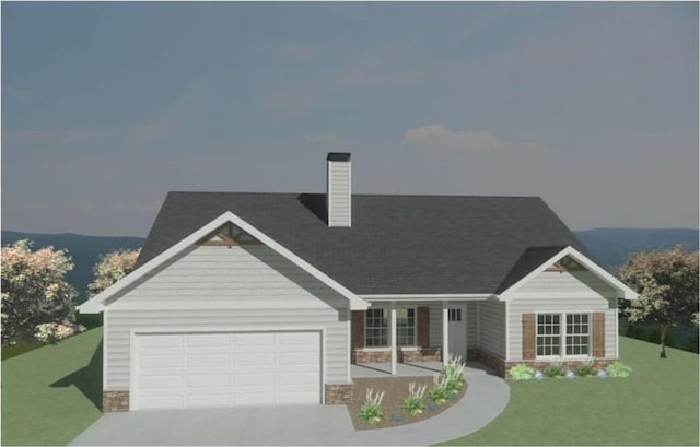 exterior space featuring a chimney, a garage, a front yard, and concrete driveway