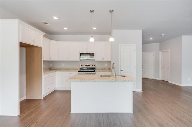 0 Dortch Rd, Eastanollee, GA 30538 - kitchen with stainless steel appliances, a sink, light wood-type flooring, white cabinetry, and light stone countertops
