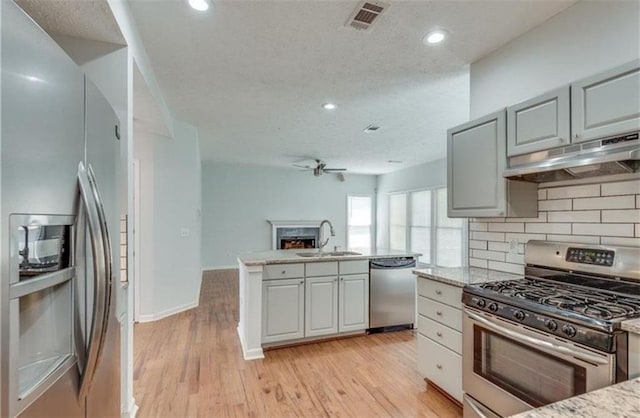 kitchen featuring ceiling fan, light hardwood / wood-style floors, sink, appliances with stainless steel finishes, and gray cabinetry