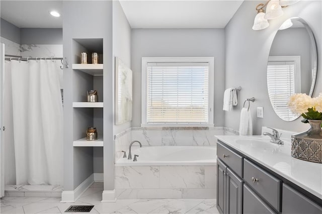 bathroom with vanity, a shower with shower curtain, a garden tub, and visible vents