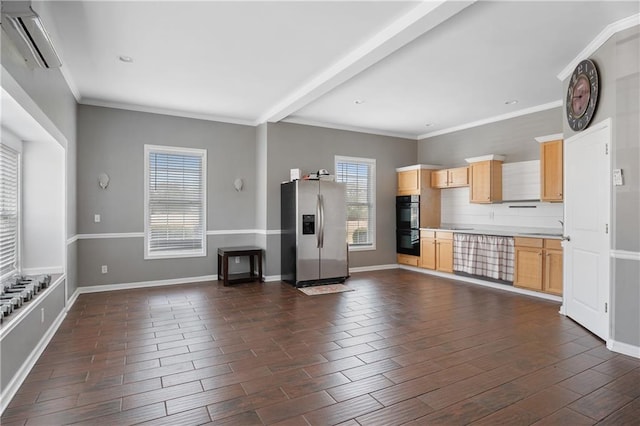 unfurnished living room with ornamental molding, a sink, dark wood-style floors, recessed lighting, and baseboards