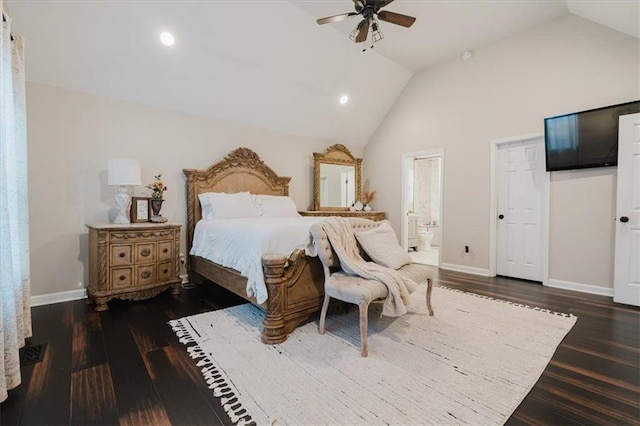 bedroom featuring baseboards, a ceiling fan, ensuite bath, wood finished floors, and recessed lighting