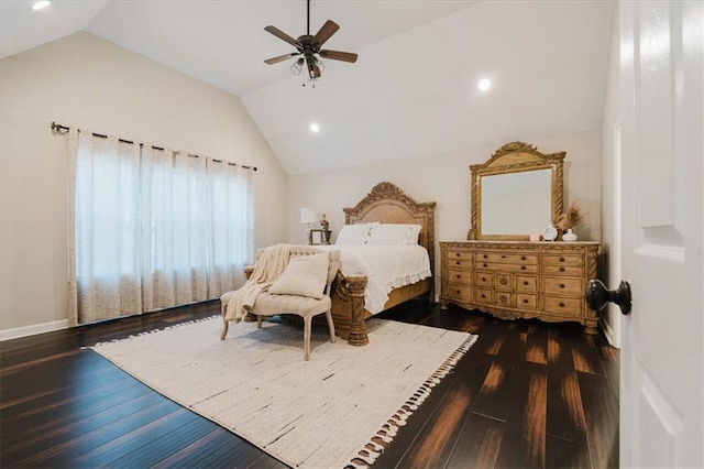 bedroom featuring ceiling fan, vaulted ceiling, wood finished floors, and recessed lighting