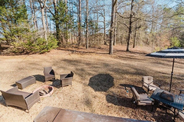 view of yard with a fire pit