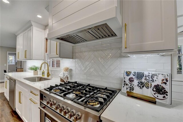 kitchen featuring sink, light stone counters, premium range hood, and appliances with stainless steel finishes