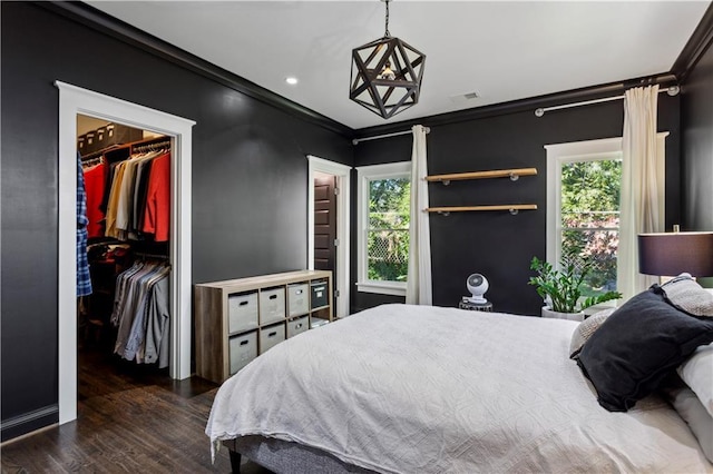 bedroom with multiple windows, a spacious closet, ornamental molding, and a closet