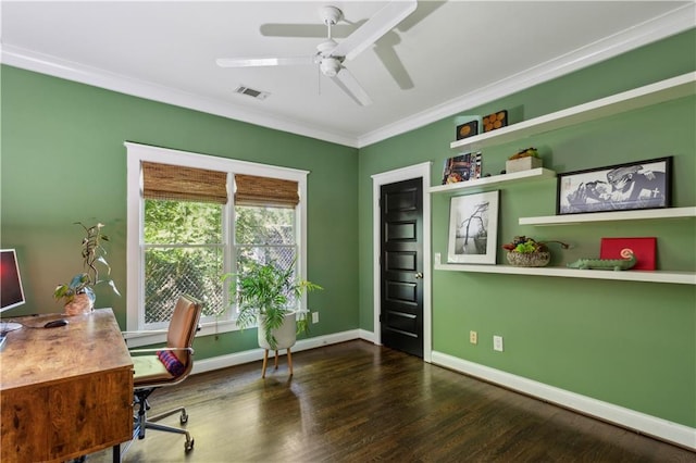 office space with ceiling fan, dark hardwood / wood-style flooring, and ornamental molding