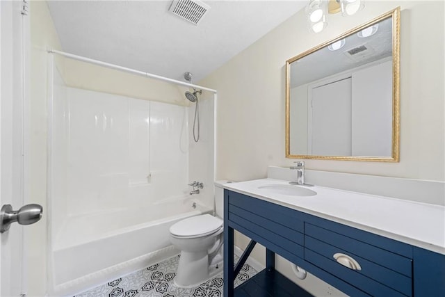 full bathroom with bathtub / shower combination, visible vents, toilet, vanity, and tile patterned floors