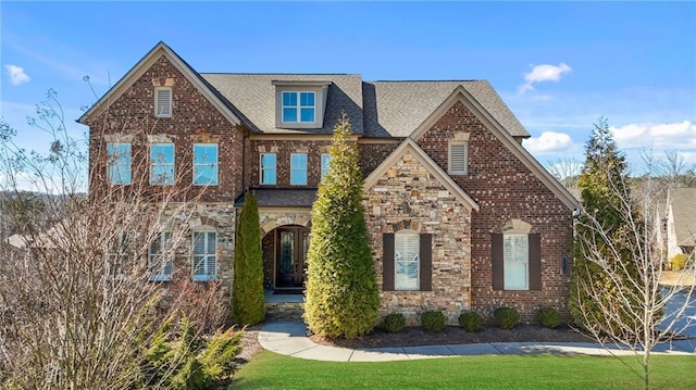 view of front facade featuring a front yard, stone siding, brick siding, and roof with shingles