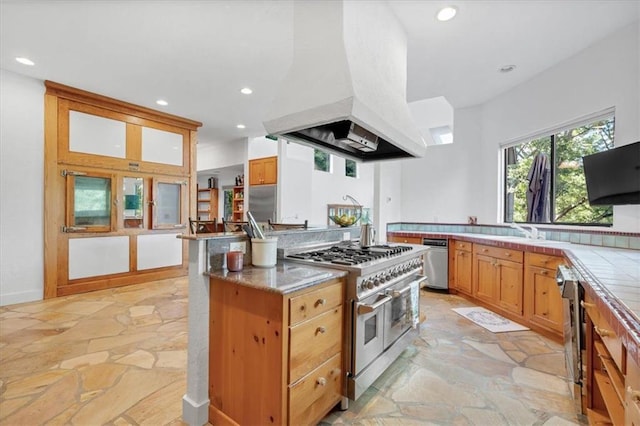 kitchen with premium range hood, stainless steel appliances, and sink