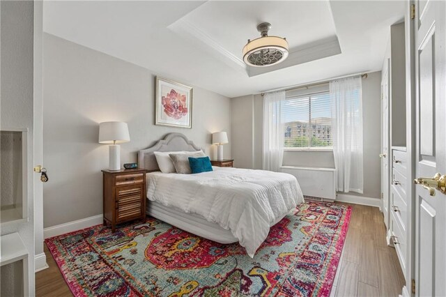 215 Piedmont Ave NE Unit 506, Atlanta, GA 30308 - bedroom featuring a tray ceiling, baseboards, a ceiling fan, and wood finished floors